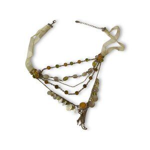 Gold Tone Amber & Green Mother Of Pearl Shell Layered Ribbon Necklace Versona